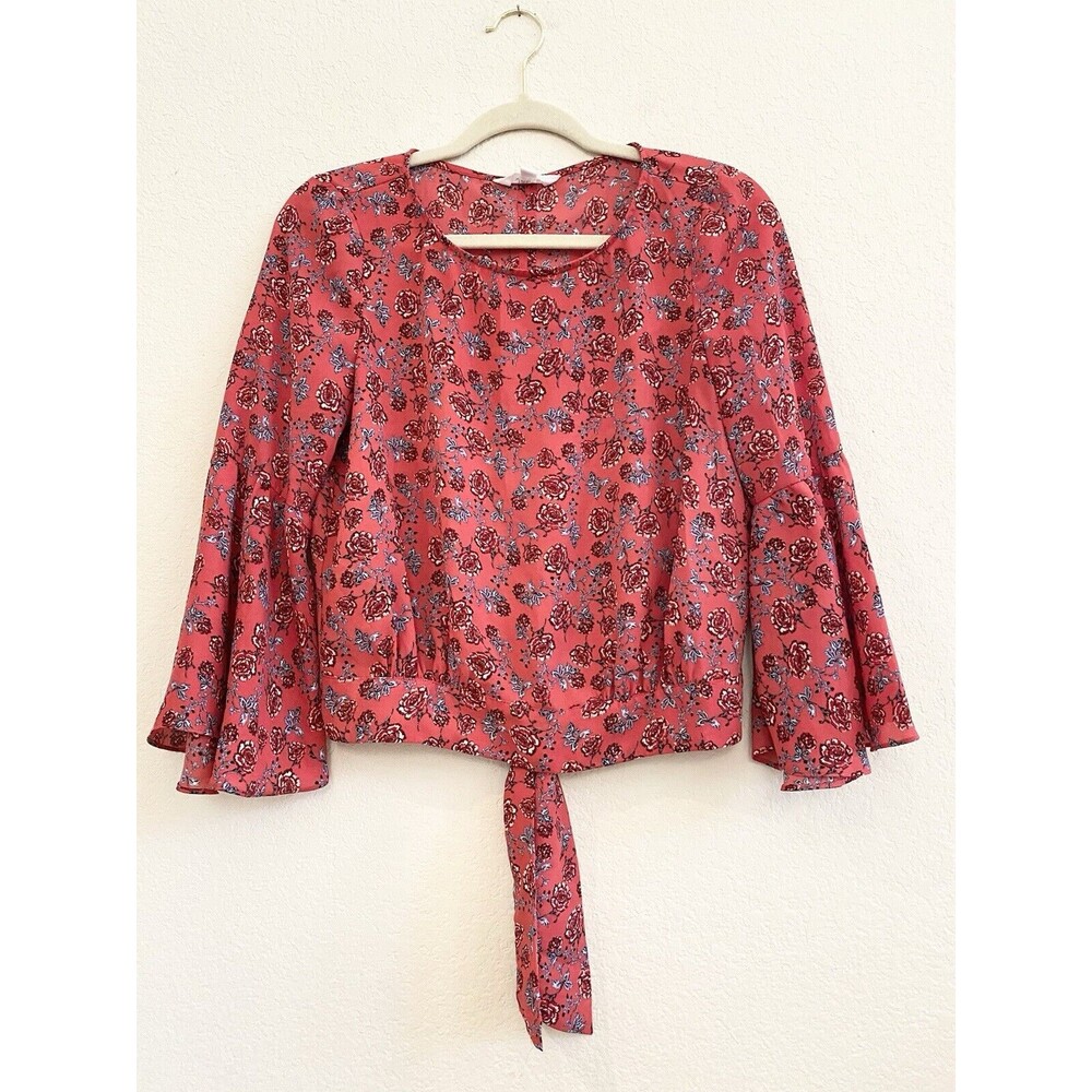 Jack by BB Dakota Women's Pink Floral Top Tie Hem  Bell‎ Sleeve Blouse Xs Xsmall